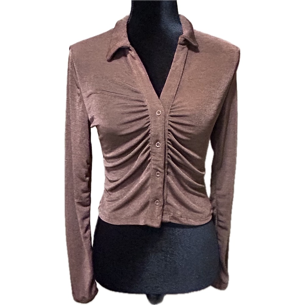 Just Polly New York Brown Ruched Button Front Long Sleeve Crop Top NWT Medium
